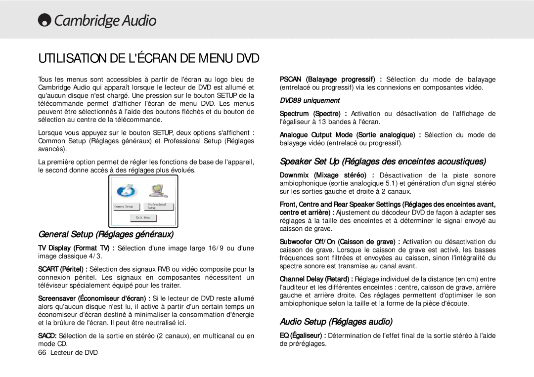 Cambridge Audio 80 Series Utilisation DE Lécran DE Menu DVD, General Setup Réglages généraux, Audio Setup Réglages audio 