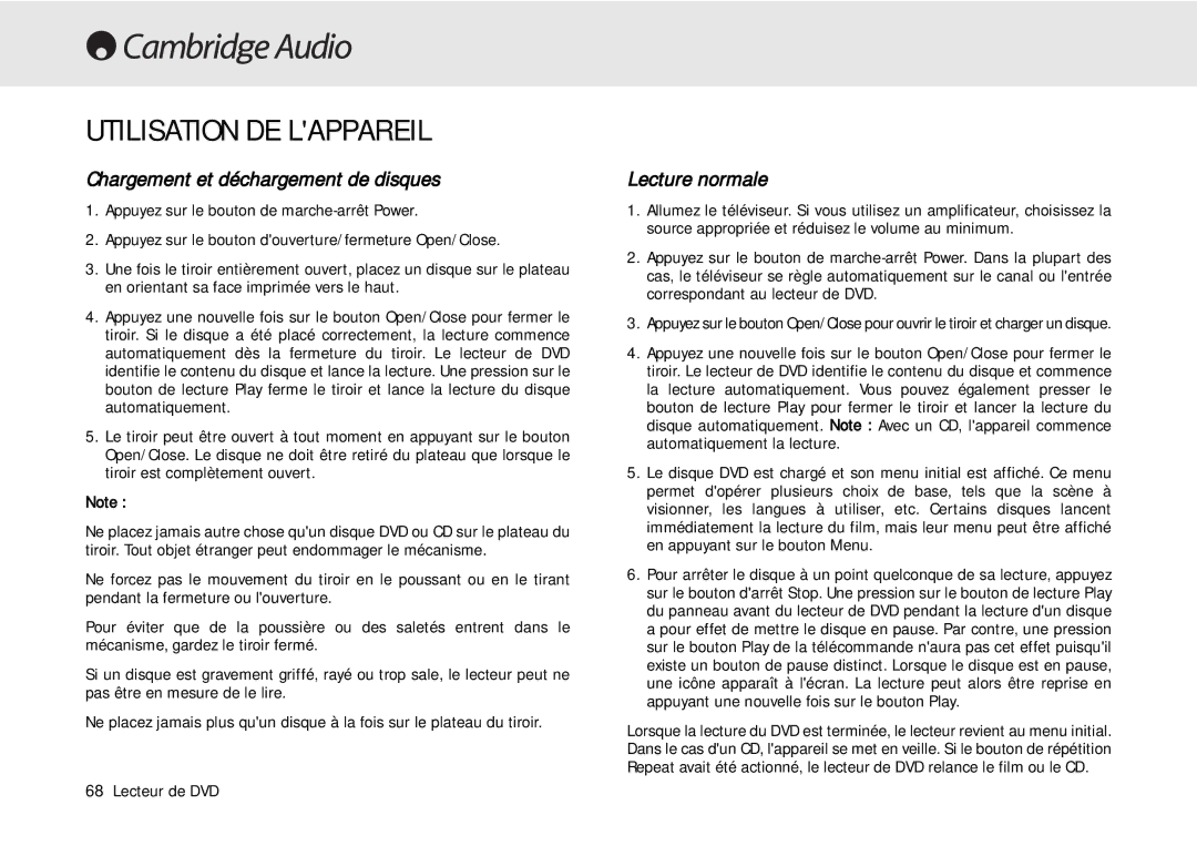 Cambridge Audio 80 Series manual Utilisation DE Lappareil, Chargement et déchargement de disques, Lecture normale 