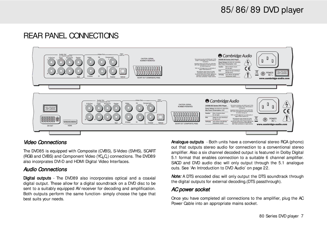 Cambridge Audio 80 Series manual Rear Panel Connections, Video Connections, Audio Connections, AC power socket 