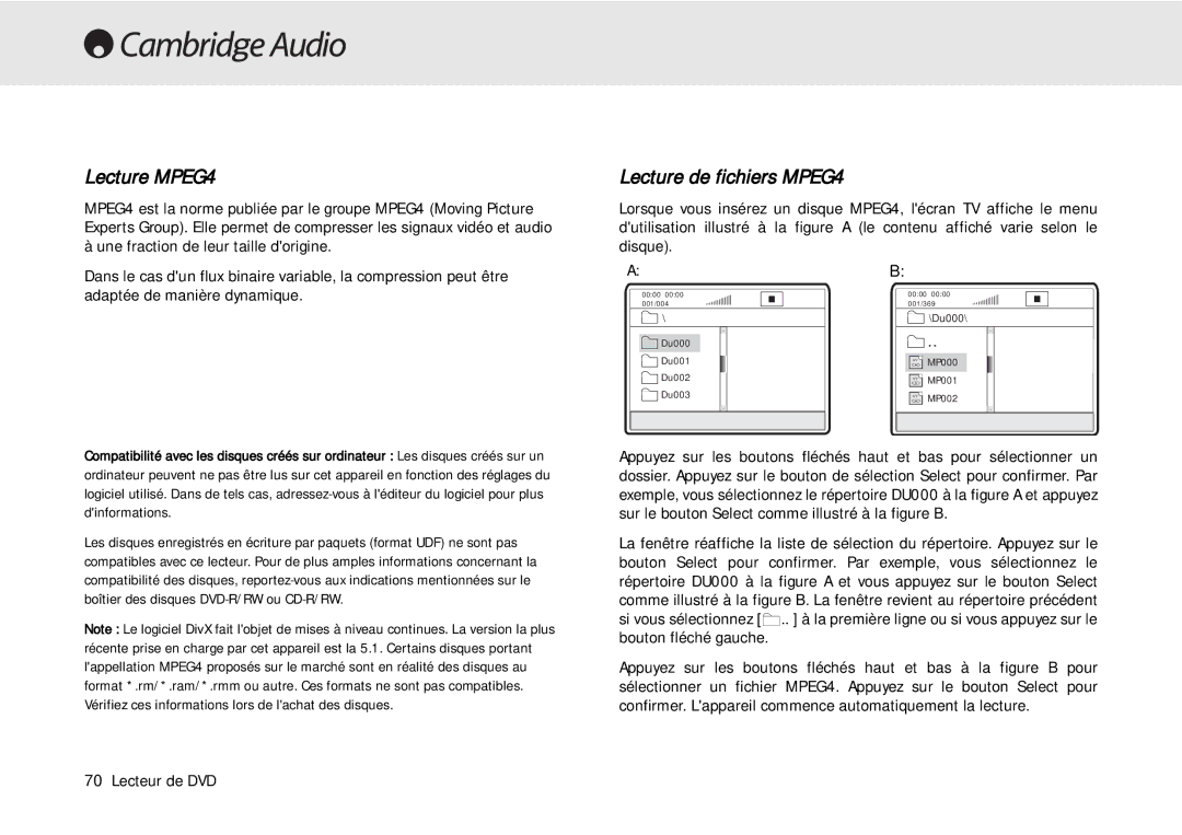 Cambridge Audio 80 Series manual Lecture MPEG4, Lecture de fichiers MPEG4 