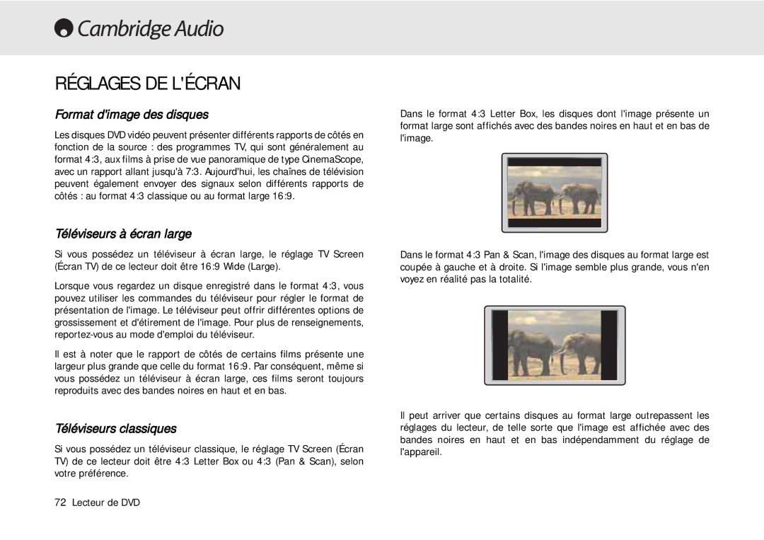 Cambridge Audio 80 Series Réglages DE Lécran, Format dimage des disques, Téléviseurs à écran large, Téléviseurs classiques 