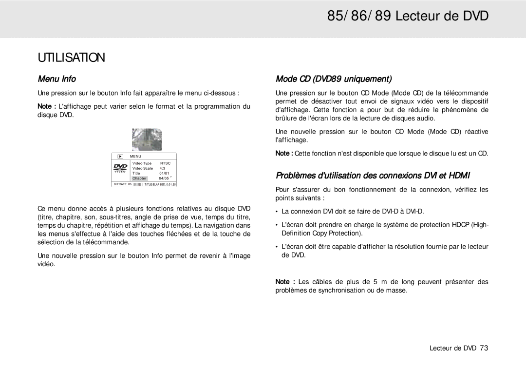 Cambridge Audio 80 Series manual Utilisation, Menu Info, Mode CD DVD89 uniquement 