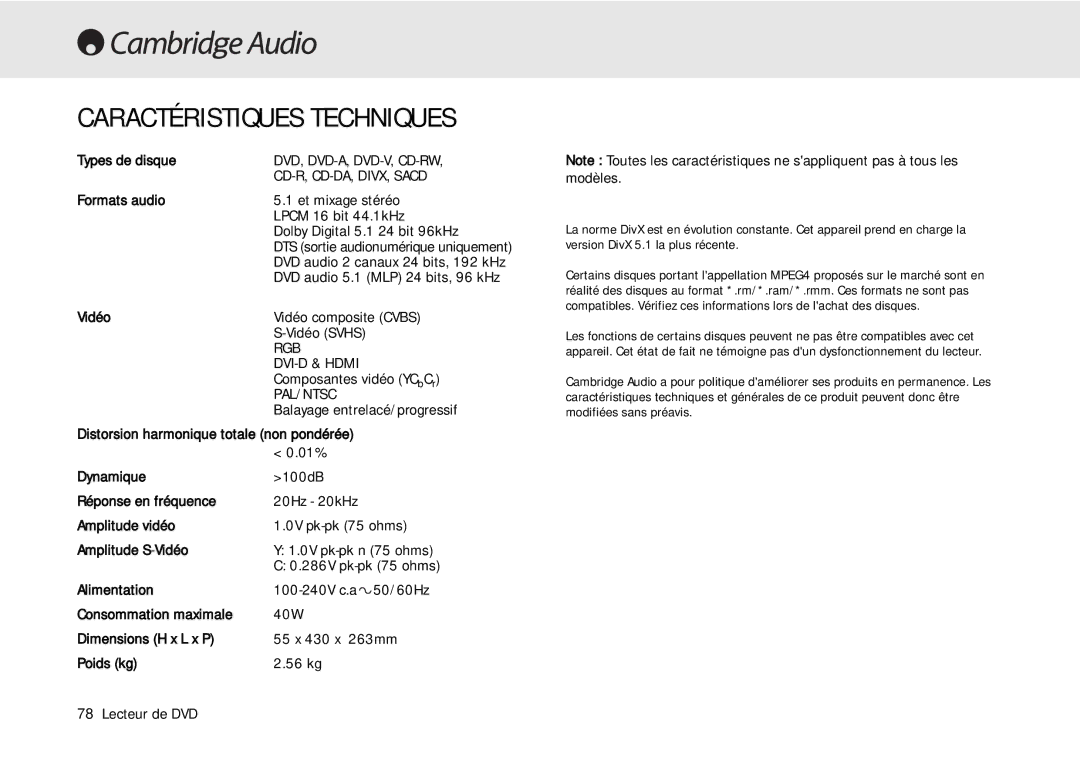 Cambridge Audio 80 Series manual Caractéristiques Techniques 