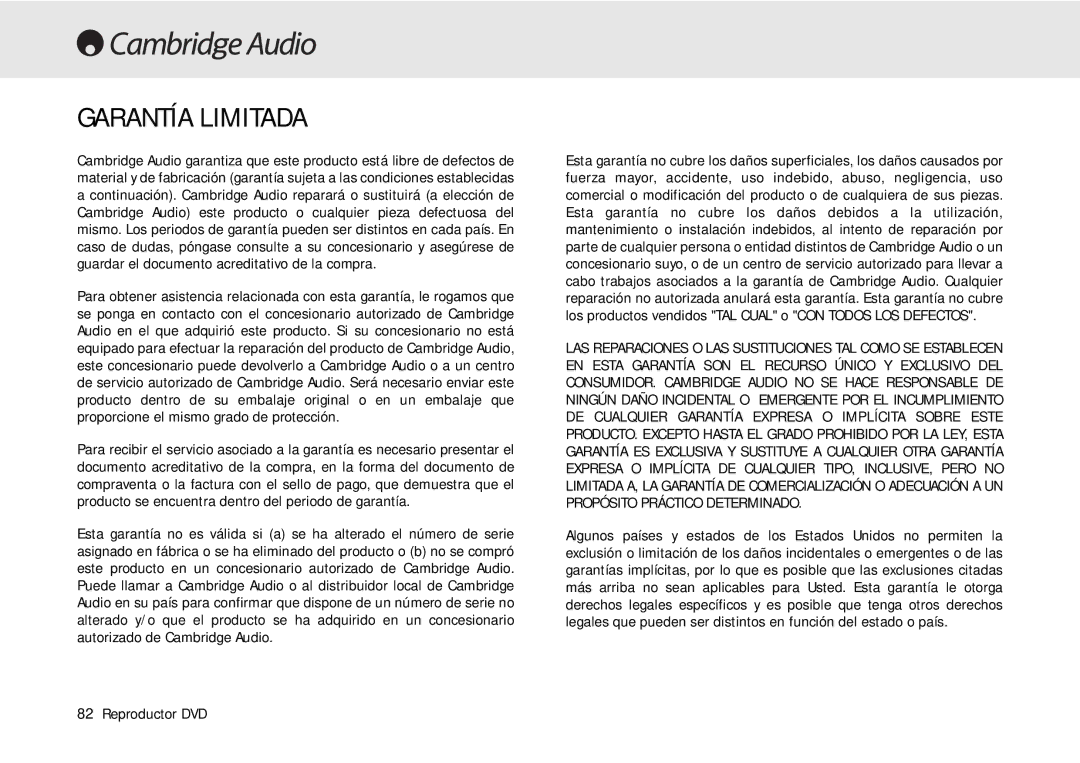 Cambridge Audio 80 Series manual Garantía Limitada 