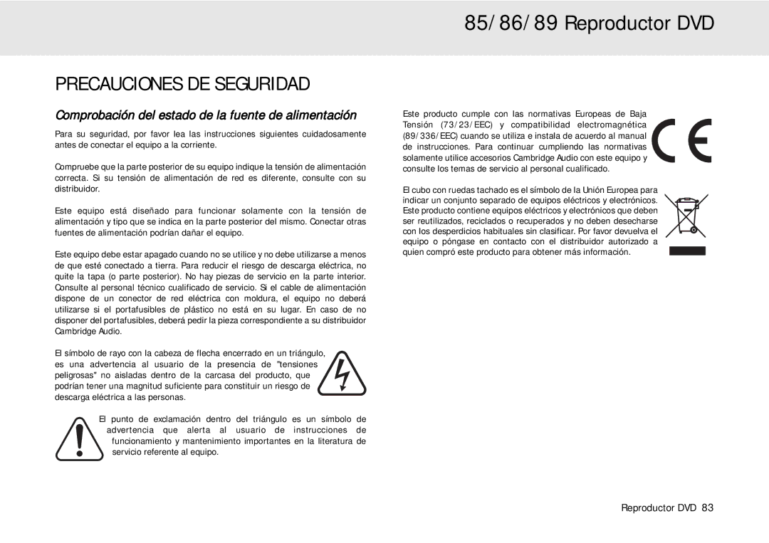 Cambridge Audio 80 Series manual Precauciones DE Seguridad, Comprobación del estado de la fuente de alimentación 