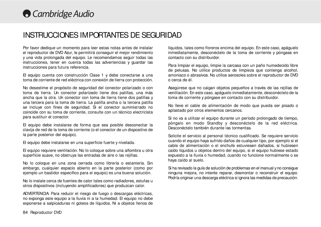 Cambridge Audio 80 Series manual Instrucciones Importantes DE Seguridad 