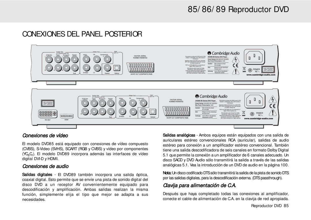 Cambridge Audio 80 Series manual Conexiones DEL Panel Posterior, Conexiones de vídeo, Conexiones de audio 