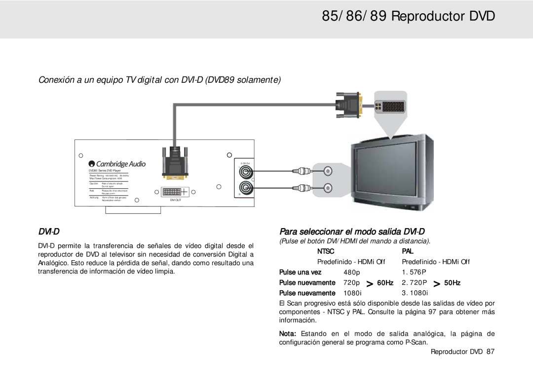 Cambridge Audio 80 Series Conexión a un equipo TV digital con DVI-D DVD89 solamente, Para seleccionar el modo salida DVI-D 