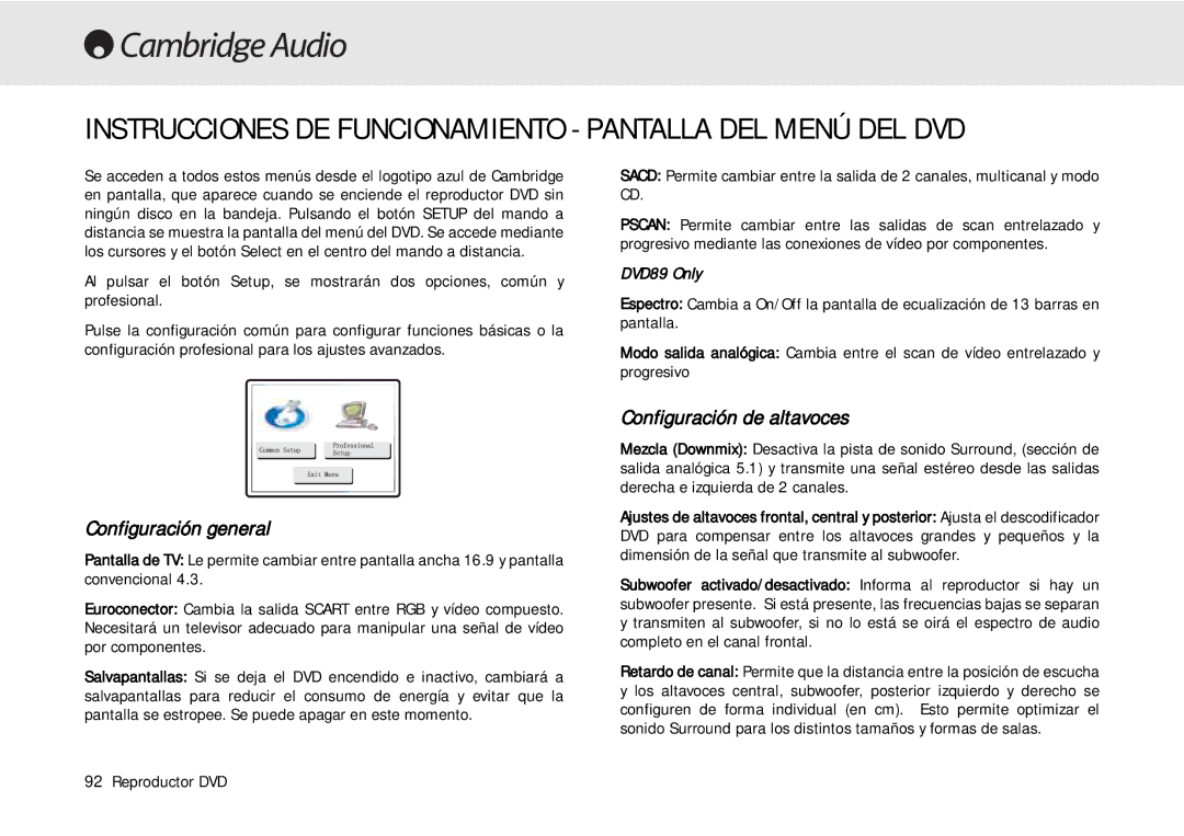 Cambridge Audio 80 Series manual Instrucciones DE Funcionamiento Pantalla DEL Menú DEL DVD, Configuración general 