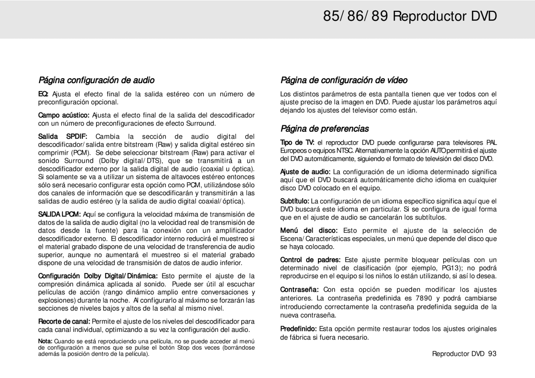 Cambridge Audio 80 Series manual Página configuración de audio, Página de configuración de vídeo, Página de preferencias 