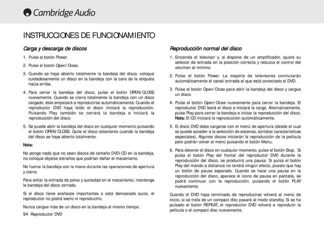 Cambridge Audio 80 Series Instrucciones DE Funcionamiento, Carga y descarga de discos, Reproducción normal del disco, Nota 