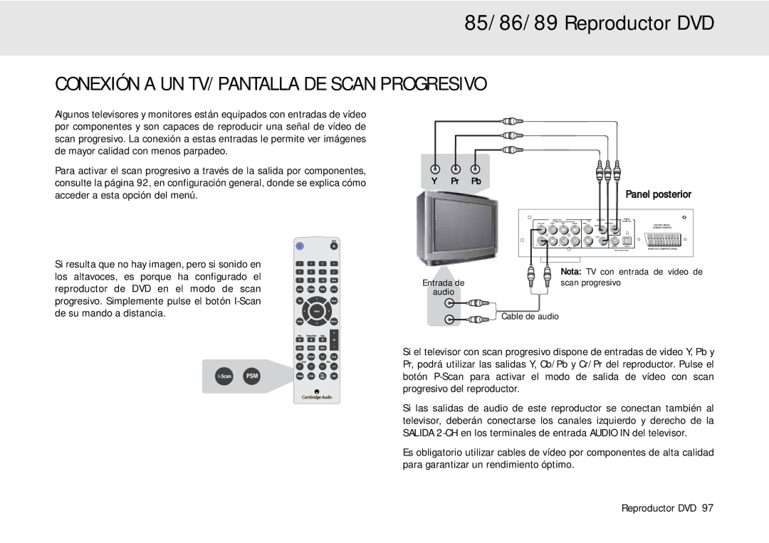 Cambridge Audio 80 Series manual Conexión a UN TV/PANTALLA DE Scan Progresivo, Acceder a esta opción del menú 