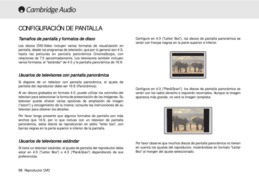 Cambridge Audio 80 Series manual Configuración DE Pantalla, Tamaños de pantalla y formatos de disco 