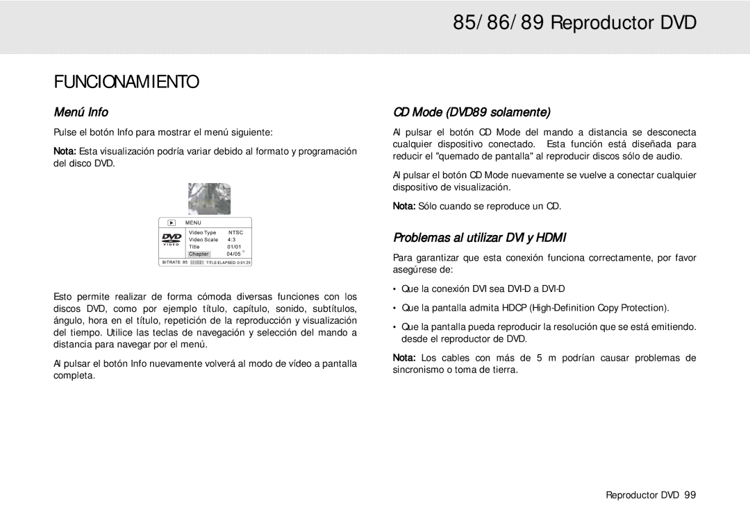 Cambridge Audio 80 Series manual Funcionamiento, Menú Info, CD Mode DVD89 solamente, Problemas al utilizar DVI y Hdmi 