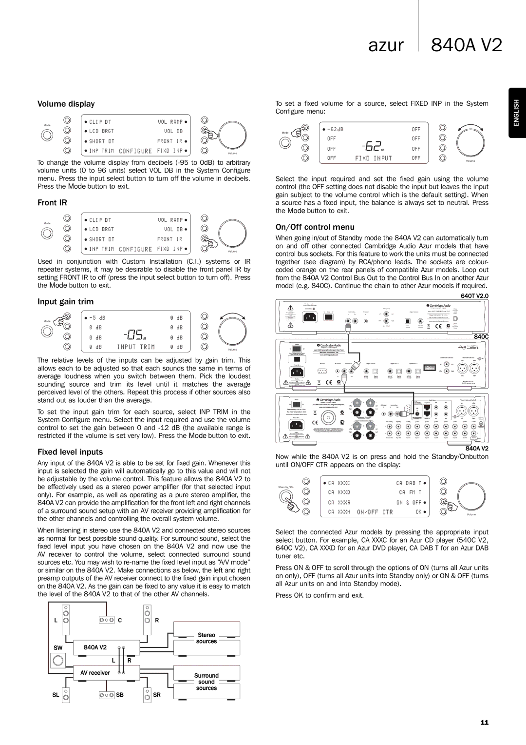 Cambridge Audio 840A V2 user manual Volume display, Front IR, Input gain trim, Fixed level inputs, On/Off control menu 