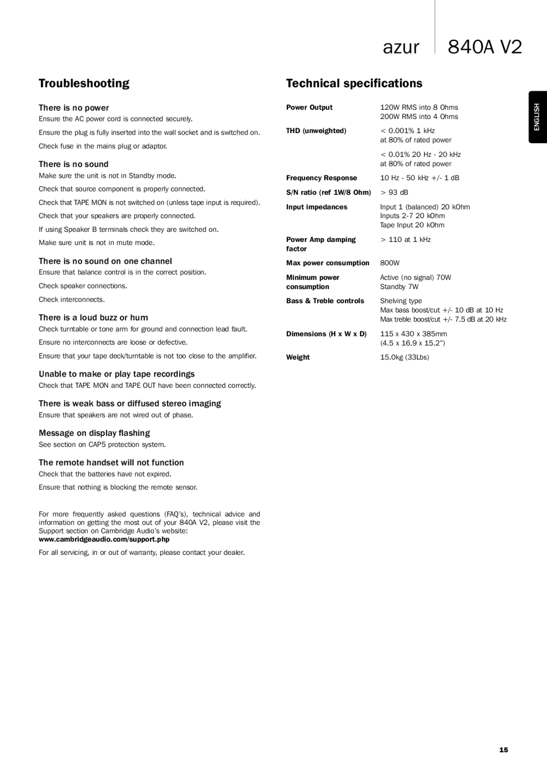 Cambridge Audio 840A V2 user manual Troubleshooting, Technical specifications 