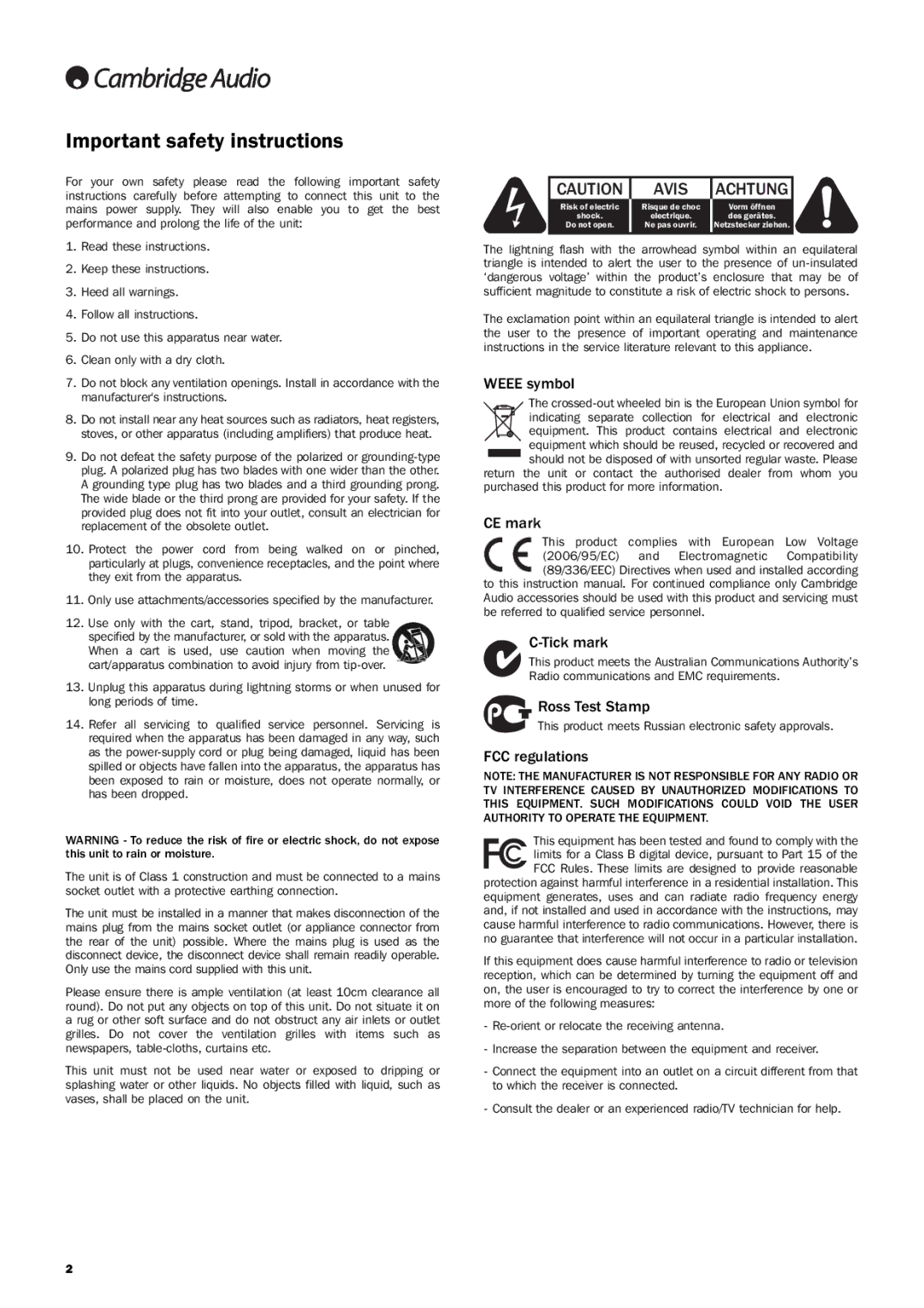 Cambridge Audio 840A V2 user manual Important safety instructions 