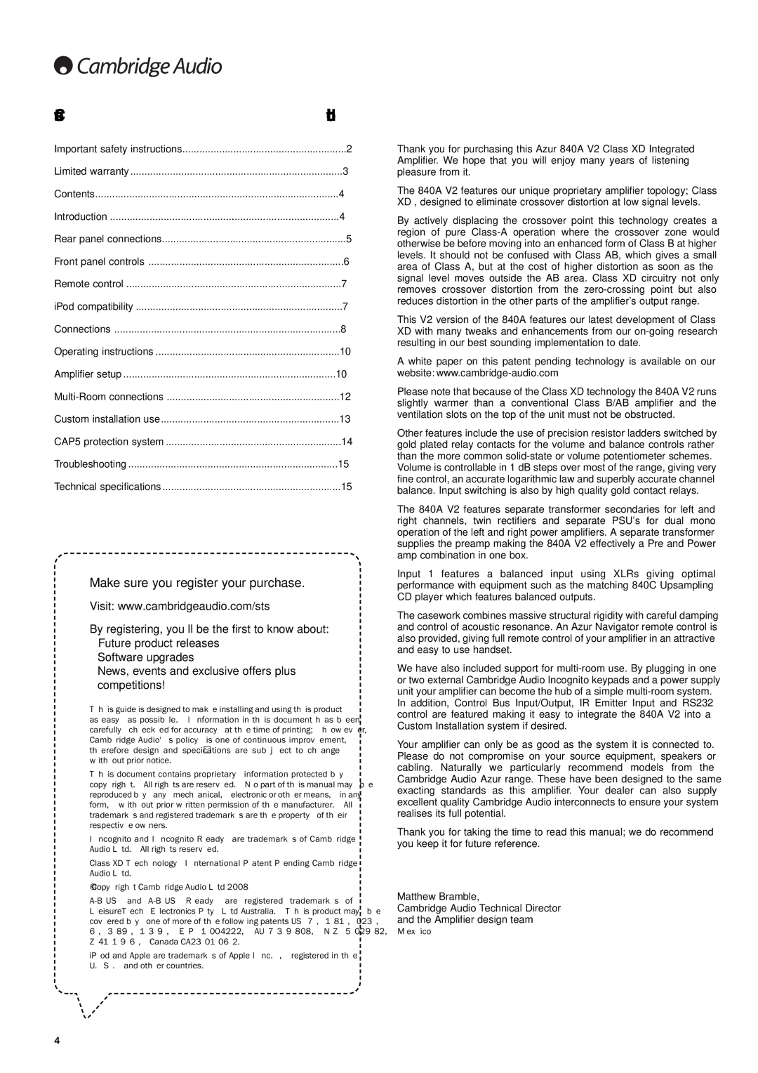 Cambridge Audio 840A V2 user manual Contents, Introduction 