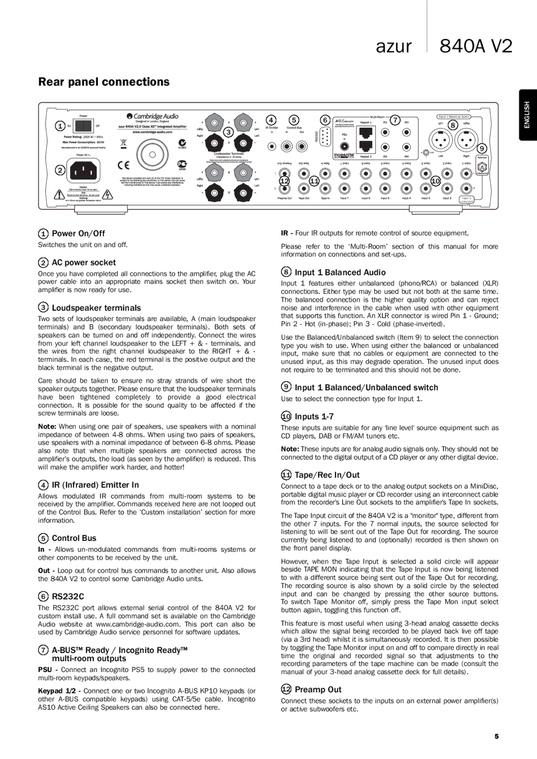 Cambridge Audio 840A V2 user manual Rear panel connections 