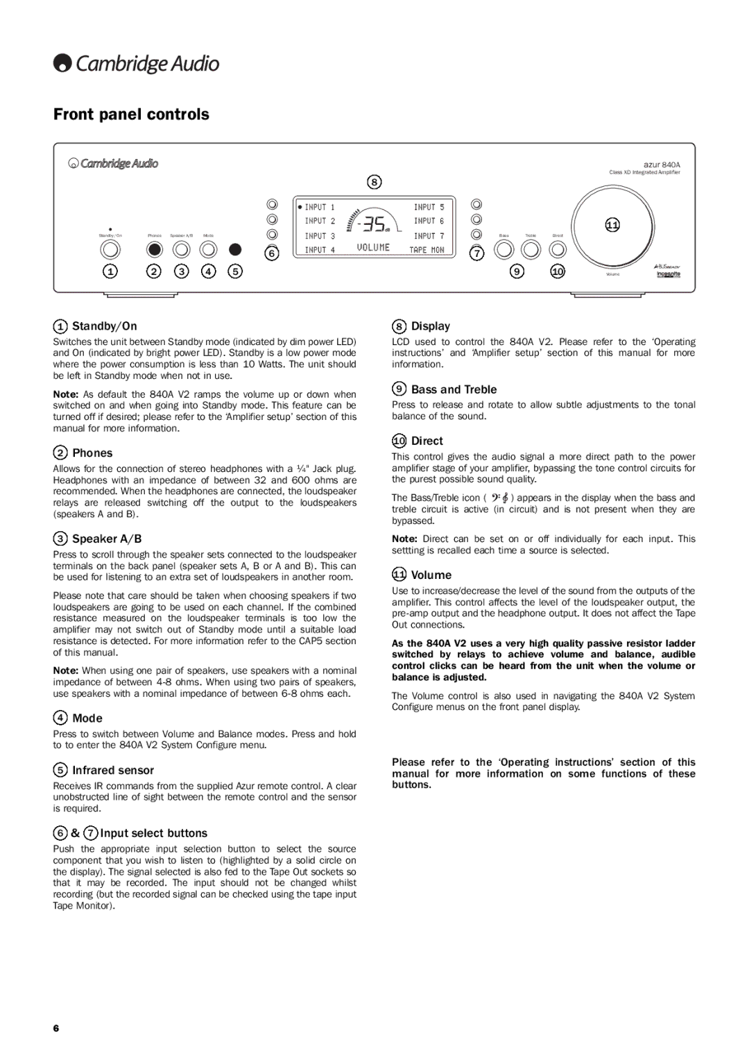 Cambridge Audio 840A V2 user manual Front panel controls 