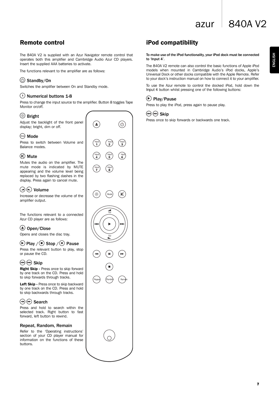 Cambridge Audio 840A V2 user manual Remote control, IPod compatibility 