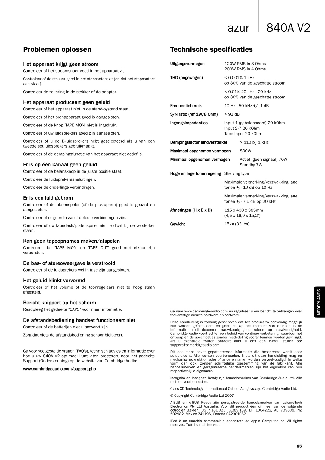 Cambridge Audio 840A V2 manual Problemen oplossen, Technische specificaties 