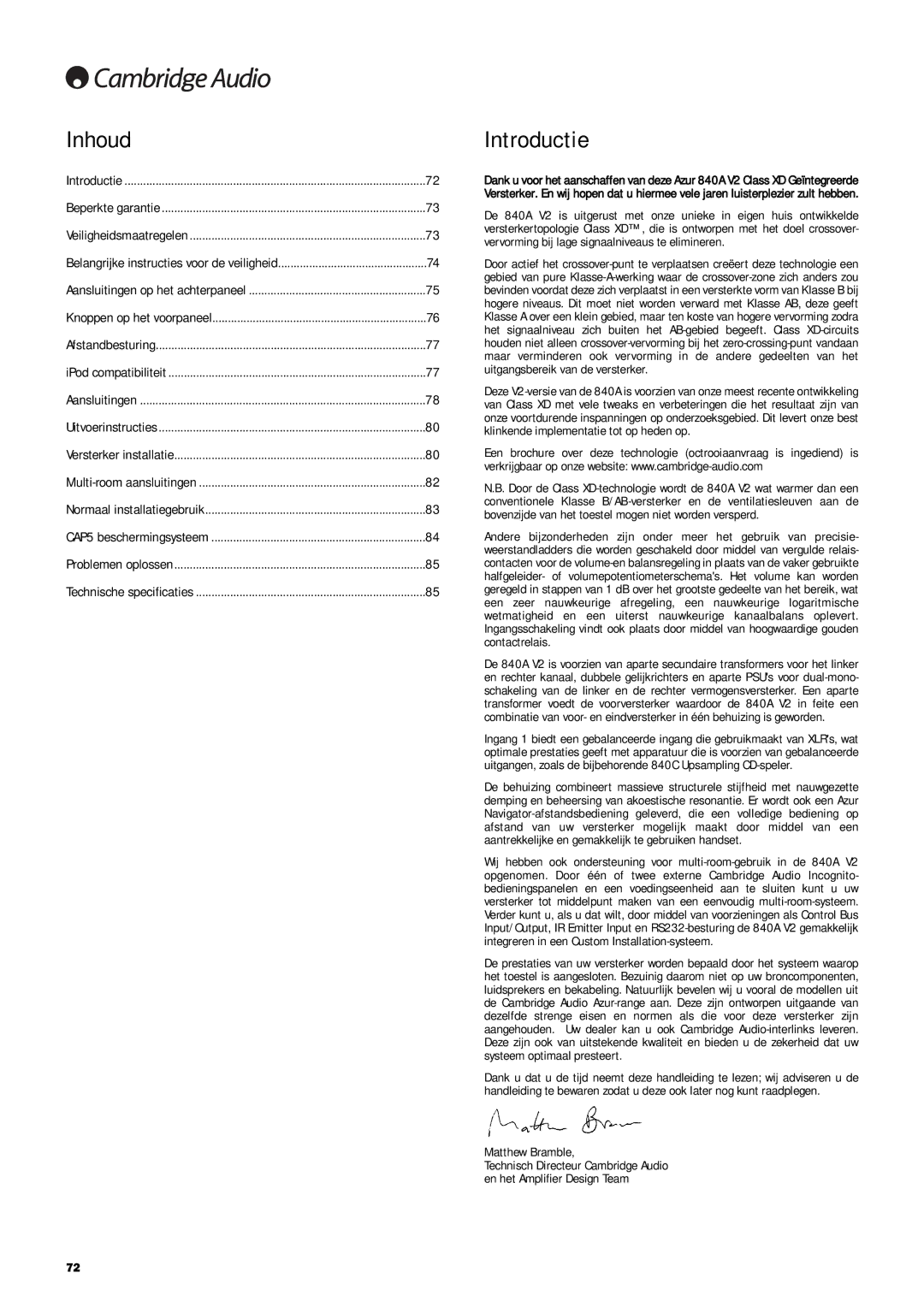 Cambridge Audio 840A V2 manual Inhoud, Introductie 