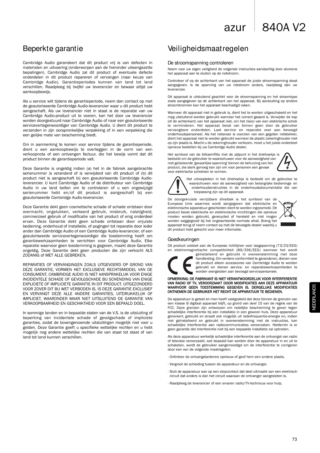 Cambridge Audio 840A V2 manual Beperkte garantie, Veiligheidsmaatregelen 