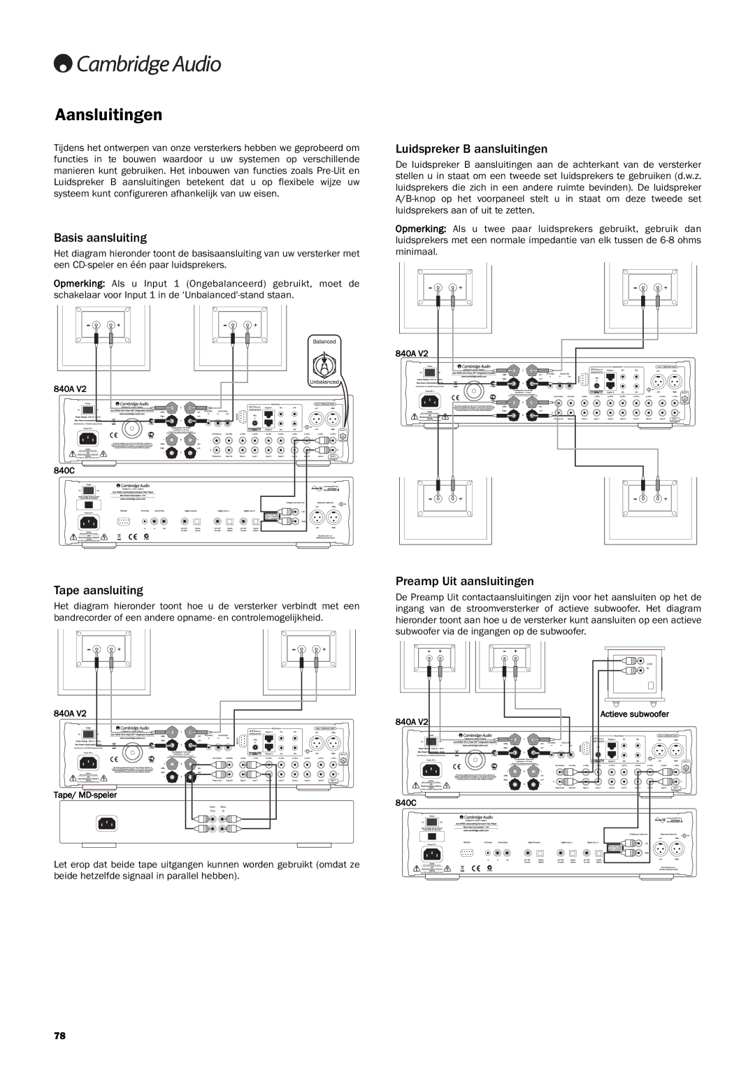 Cambridge Audio 840A V2 manual Aansluitingen, Basis aansluiting, Luidspreker B aansluitingen, Tape aansluiting 