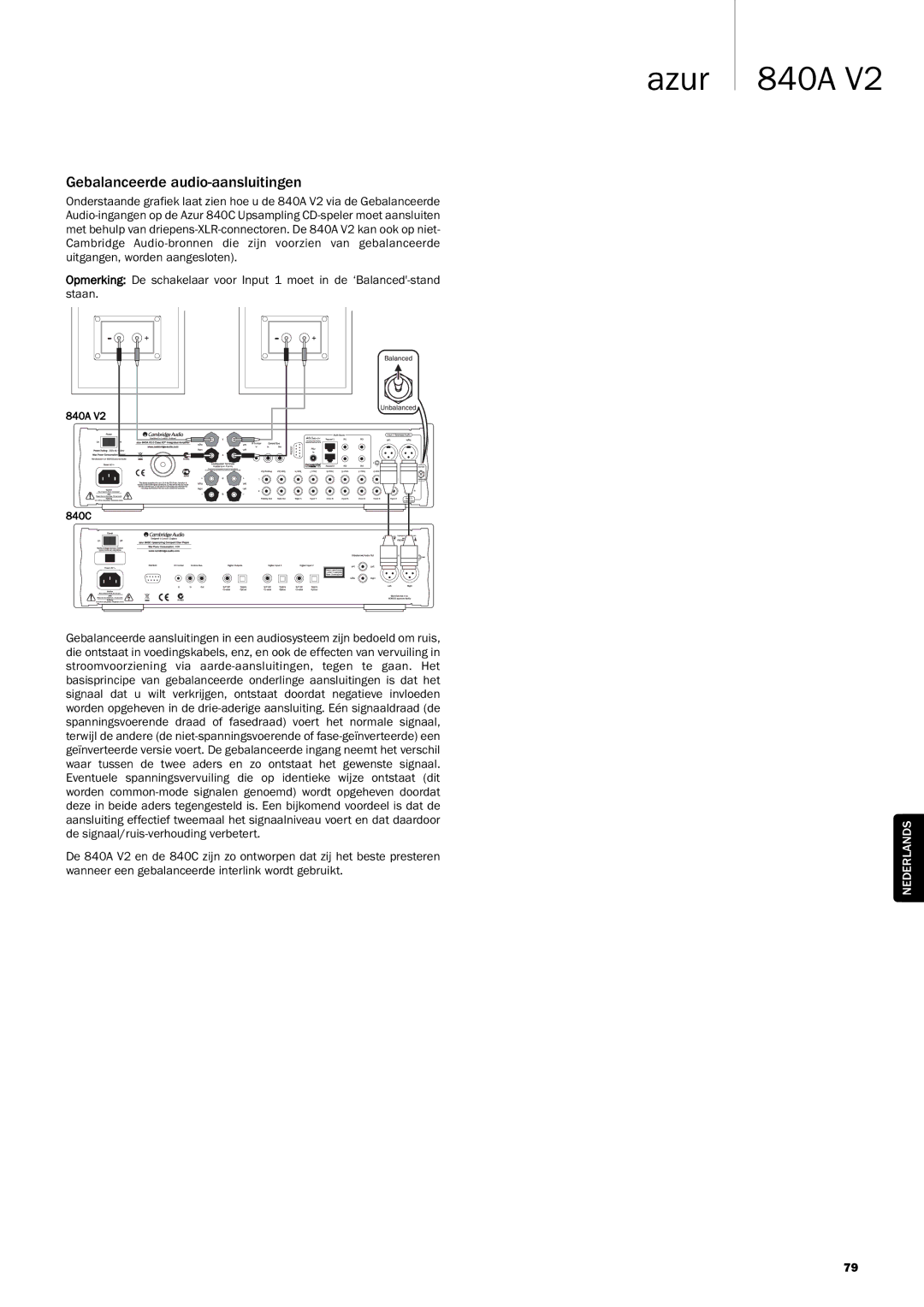 Cambridge Audio 840A V2 manual Gebalanceerde audio-aansluitingen 