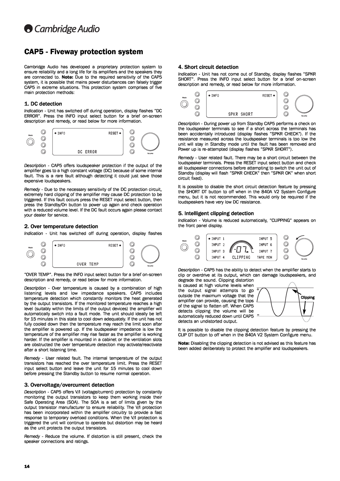 Cambridge Audio 840A V2 user manual CAP5 - Fiveway protection system, DC detection, Over temperature detection 