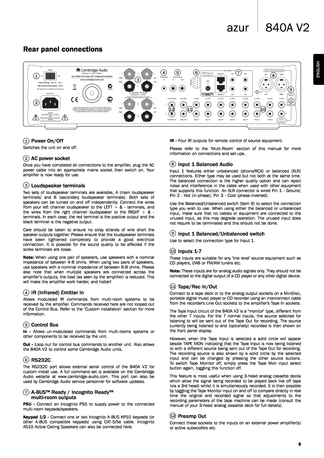 Cambridge Audio 840A V2 user manual azur 840A, Rear panel connections 