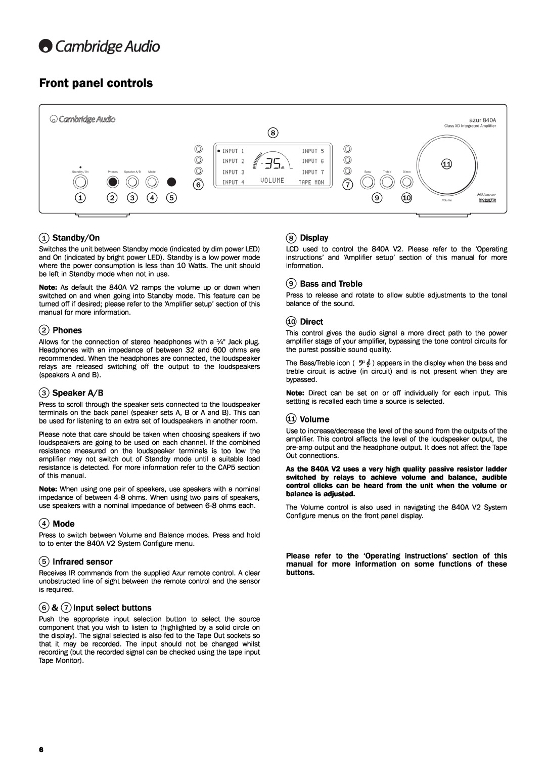 Cambridge Audio 840A V2 user manual Front panel controls 