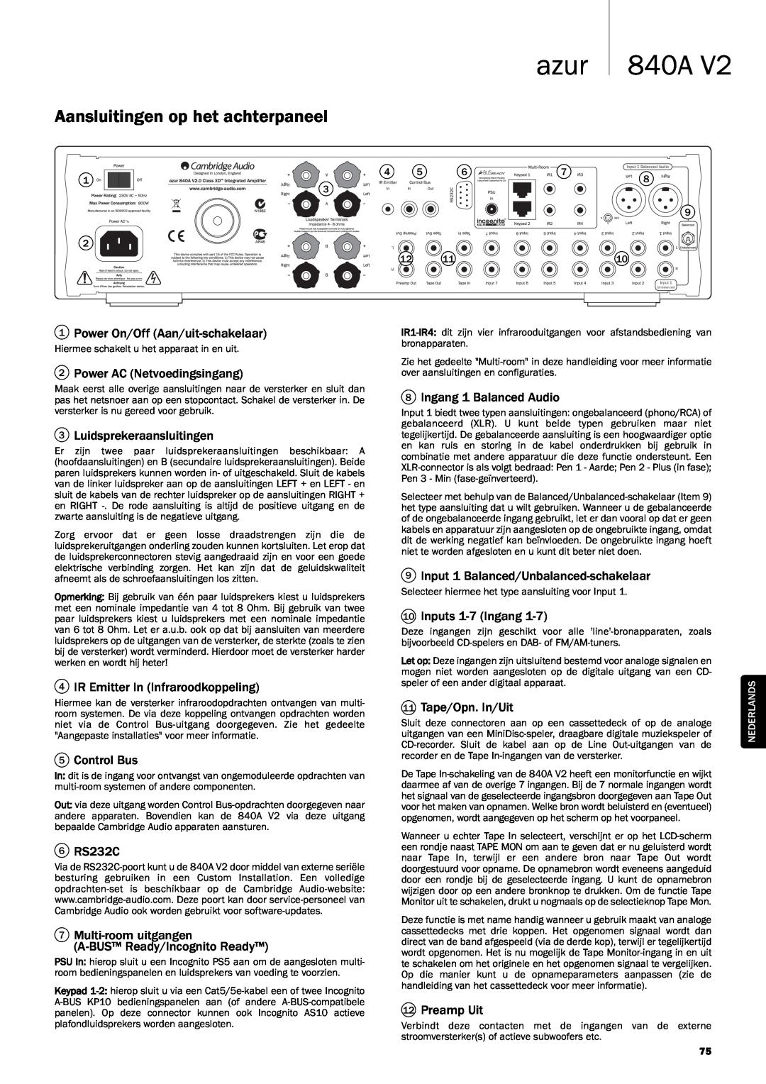 Cambridge Audio 840A V2 manual Aansluitingen op het achterpaneel, azur 840A 