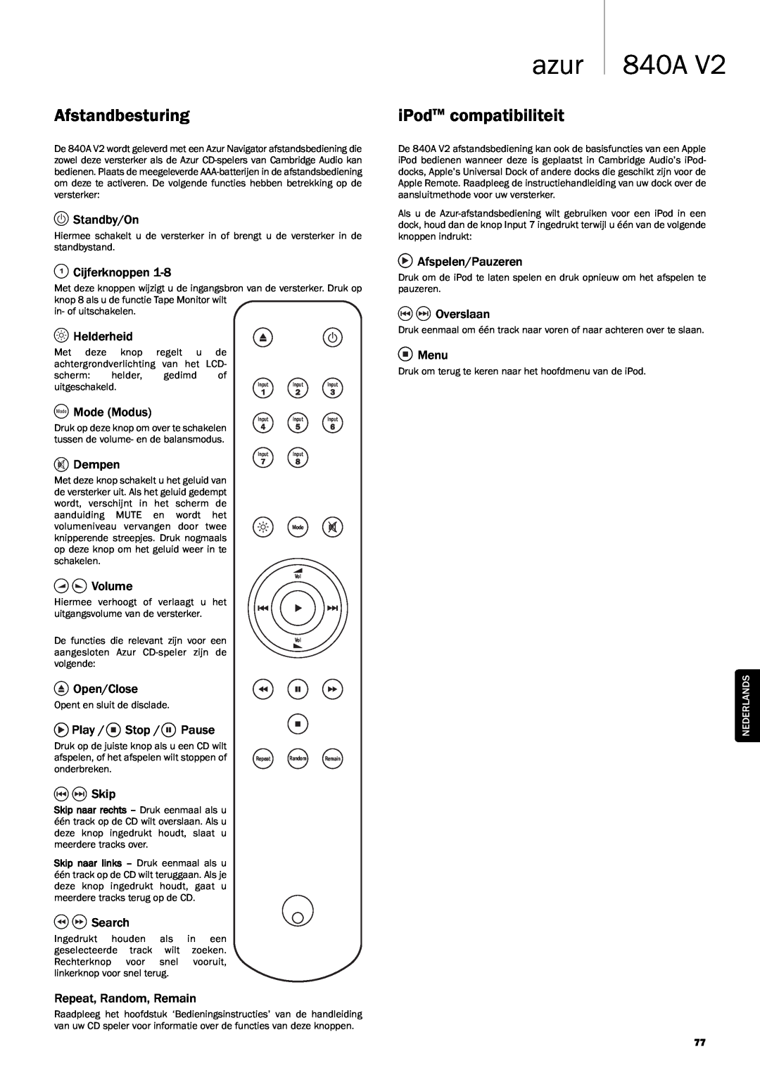 Cambridge Audio 840A V2 manual Afstandbesturing, iPodTM compatibiliteit, azur 840A 