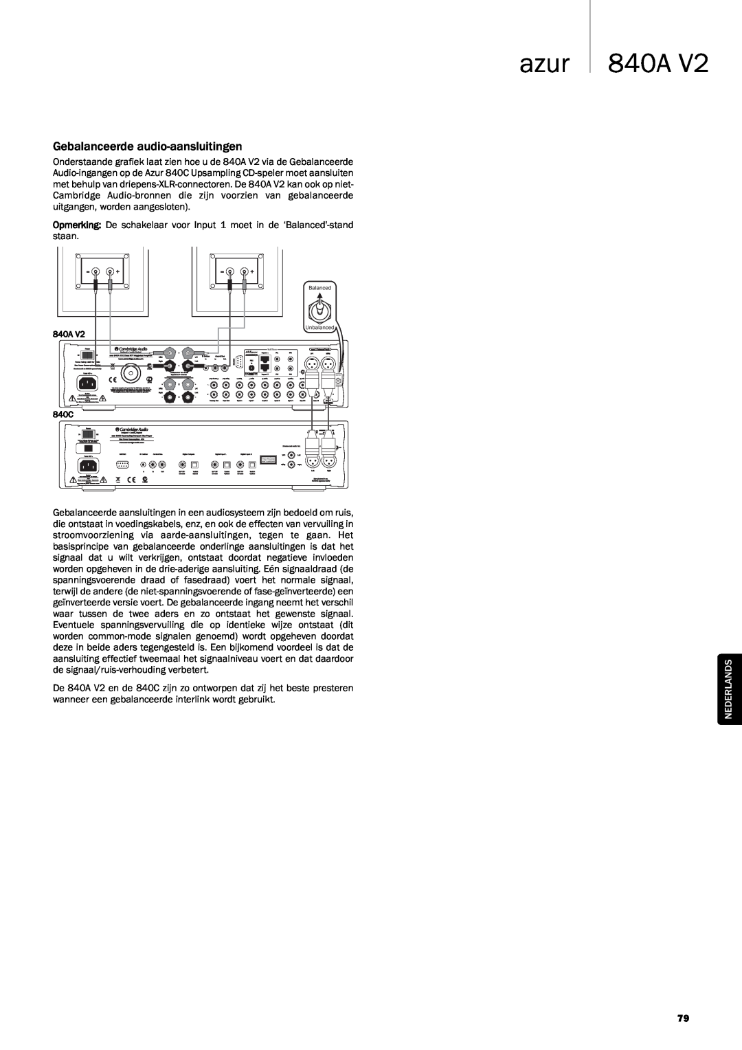 Cambridge Audio 840A V2 manual azur 840A, Gebalanceerde audio-aansluitingen, Nederlands 