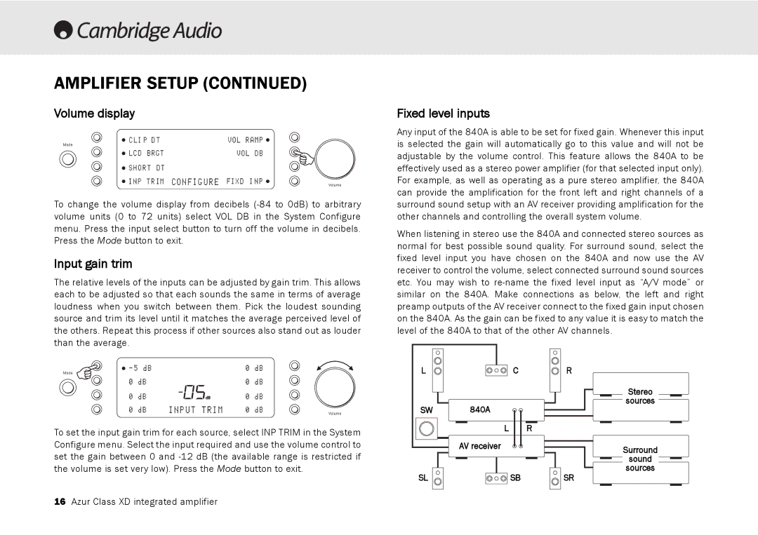 Cambridge Audio 840A user manual Volume display, Input gain trim, Fixed level inputs 