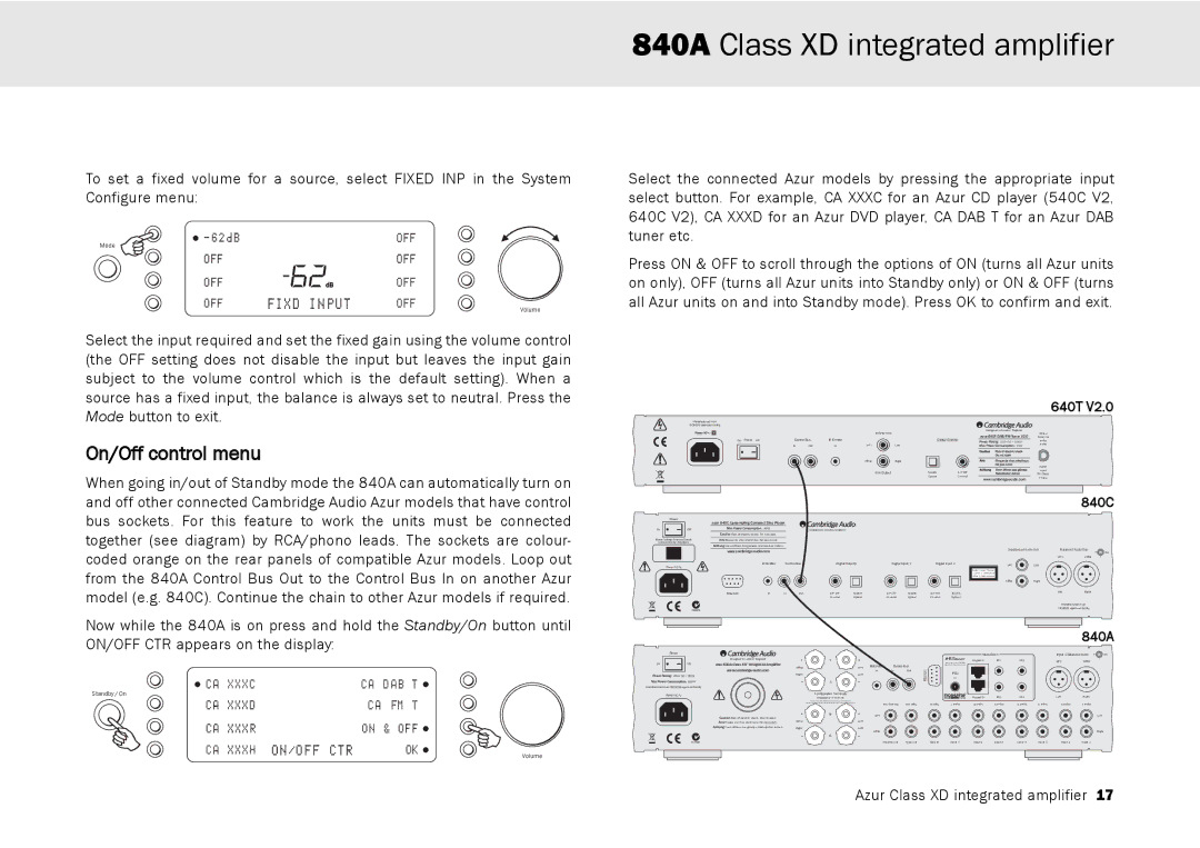 Cambridge Audio 840A user manual On/Off control menu, 640T 