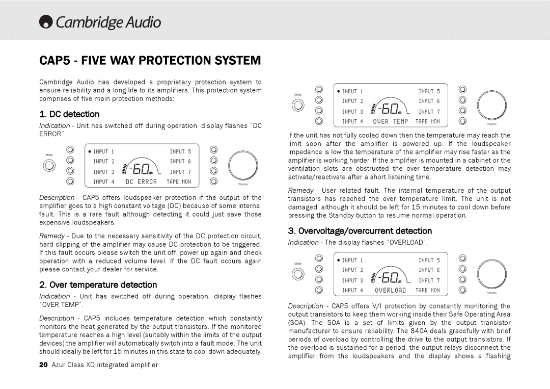 Cambridge Audio 840A user manual CAP5 Five WAY Protection System, DC detection, Over temperature detection 