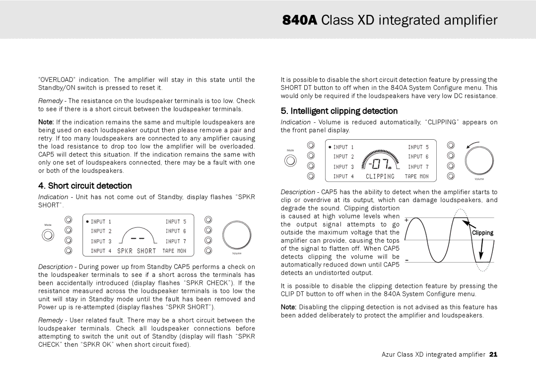 Cambridge Audio 840A user manual Short circuit detection, Intelligent clipping detection 