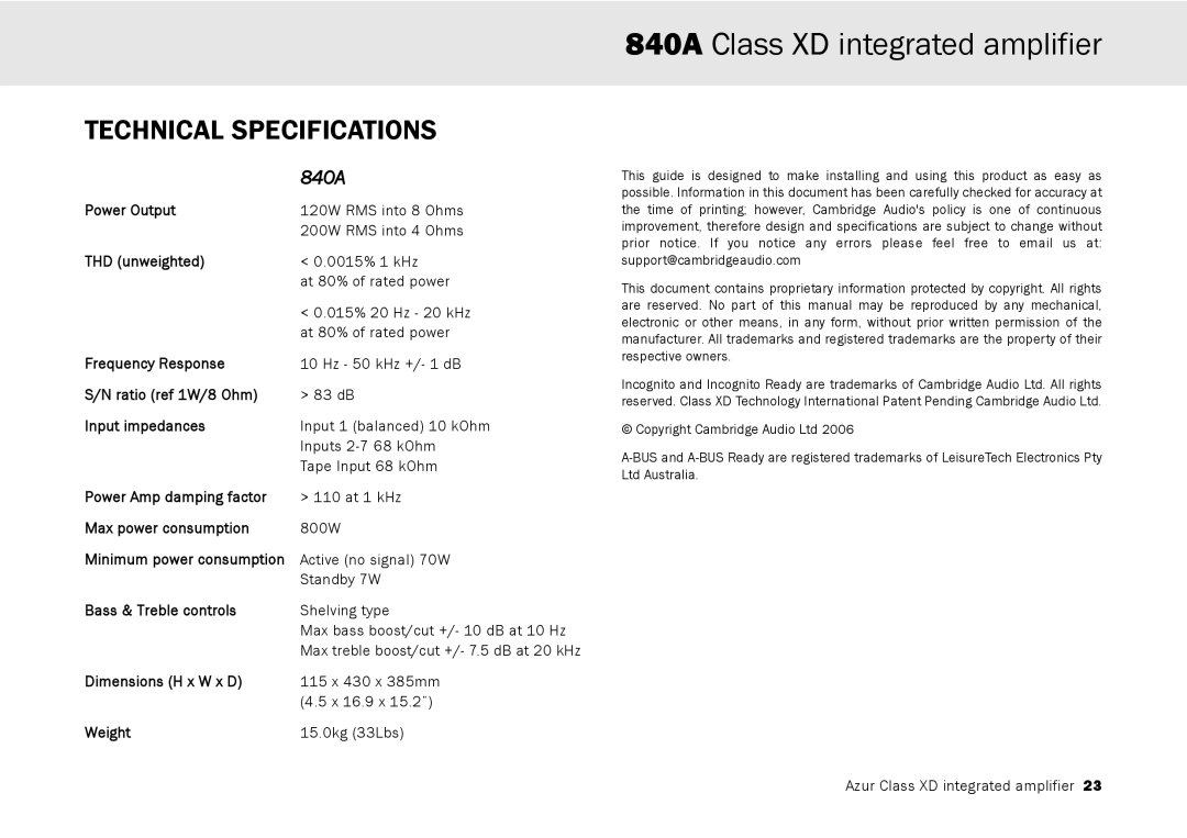 Cambridge Audio 840A user manual Technical Specifications 