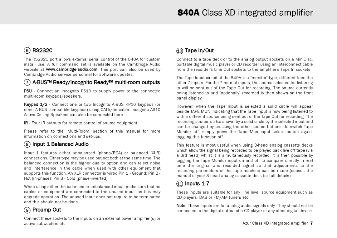 Cambridge Audio 840A RS232C BUS Ready/Incognito Ready multi-room outputs, Input 1 Balanced Audio, Preamp Out, Tape In/Out 