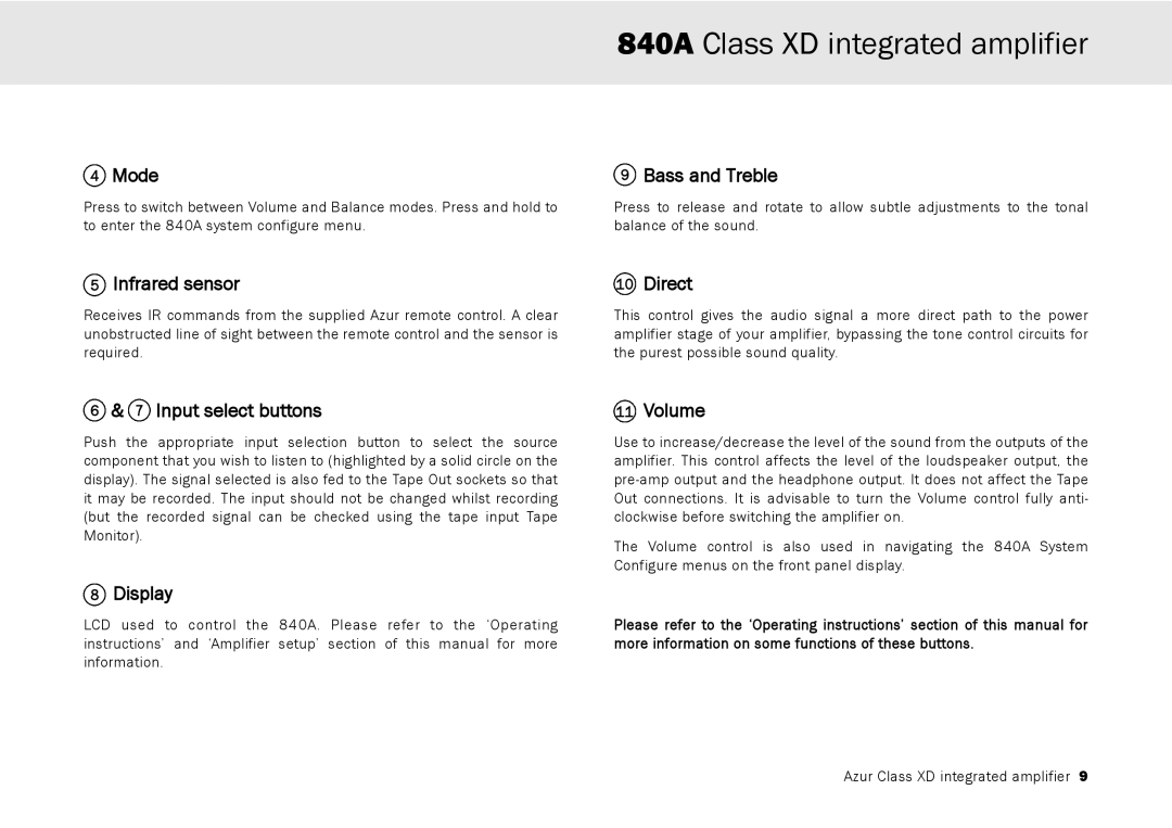 Cambridge Audio 840A user manual Mode, Bass and Treble, Infrared sensor, Input select buttons, Display, Direct, Volume 