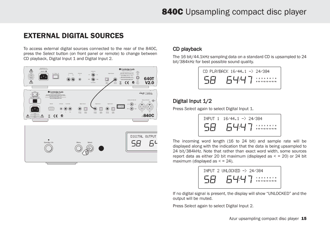 Cambridge Audio 840C user manual External Digital Sources, CD playback, Digital Input 1/2 