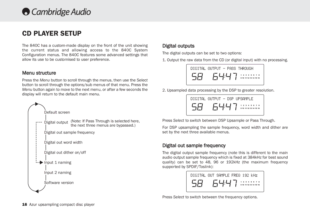 Cambridge Audio 840C user manual CD Player Setup, Menu structure, Digital out sample frequency 