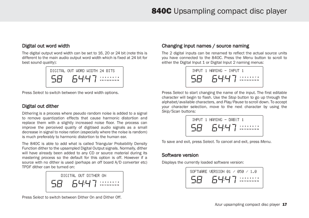 Cambridge Audio 840C Digital out word width, Digital out dither, Changing input names / source naming, Software version 