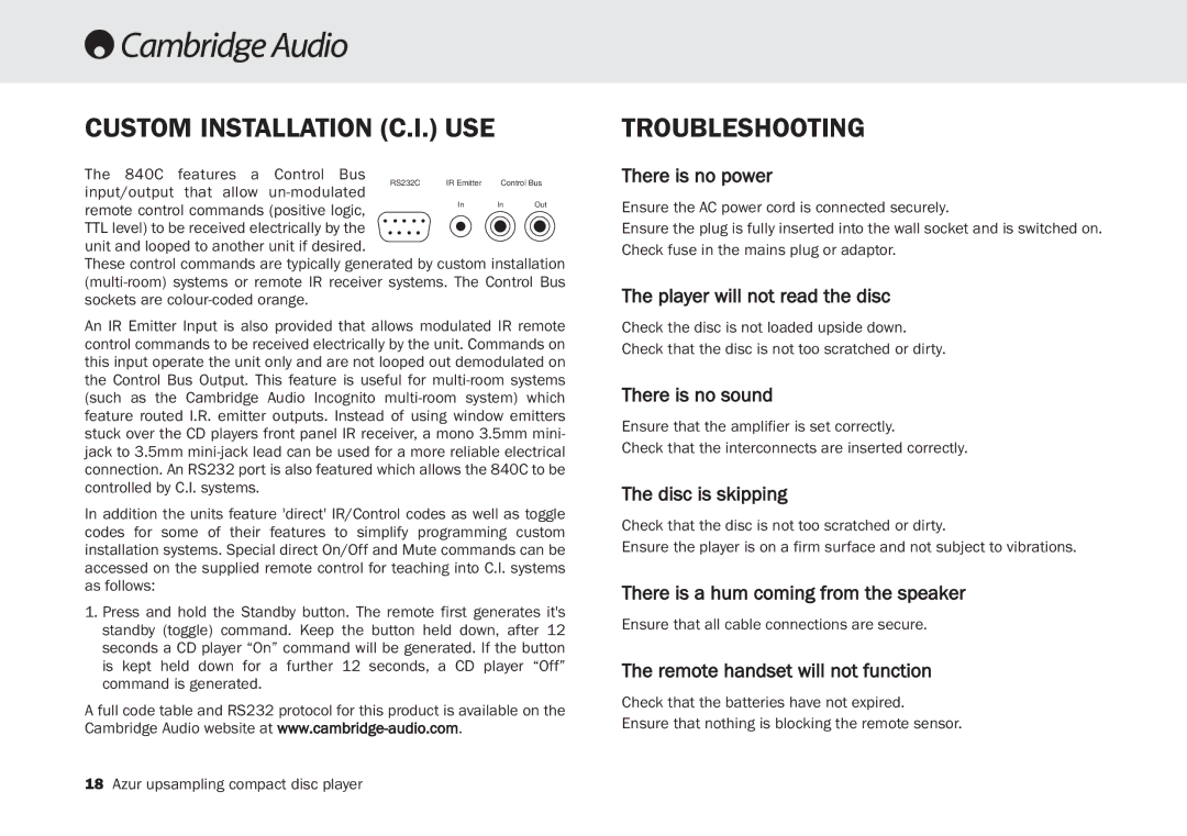 Cambridge Audio 840C user manual Custom Installation C.I. USE, Troubleshooting 