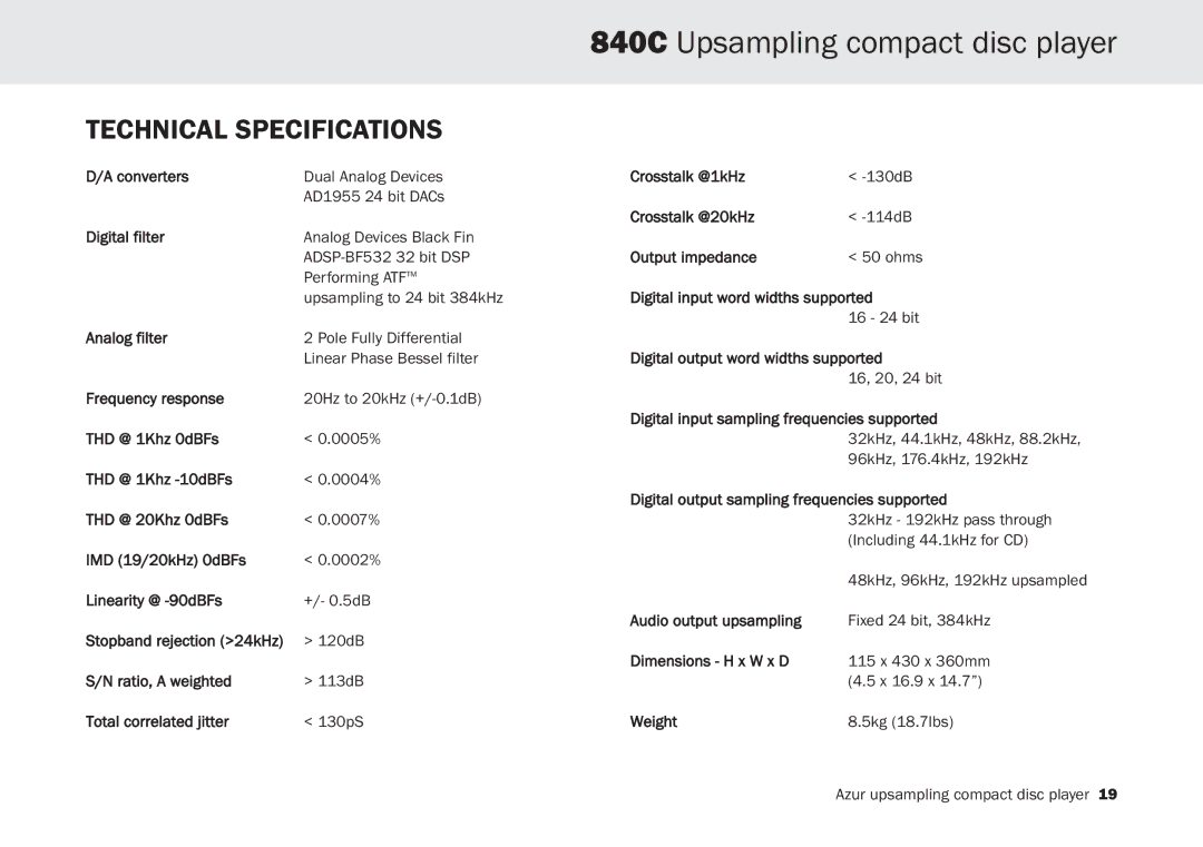 Cambridge Audio 840C user manual Technical Specifications, Digital output sampling frequencies supported 