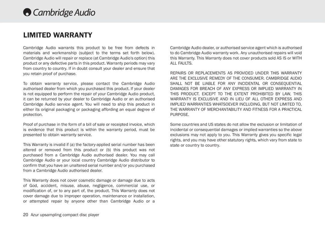 Cambridge Audio 840C user manual Limited Warranty 