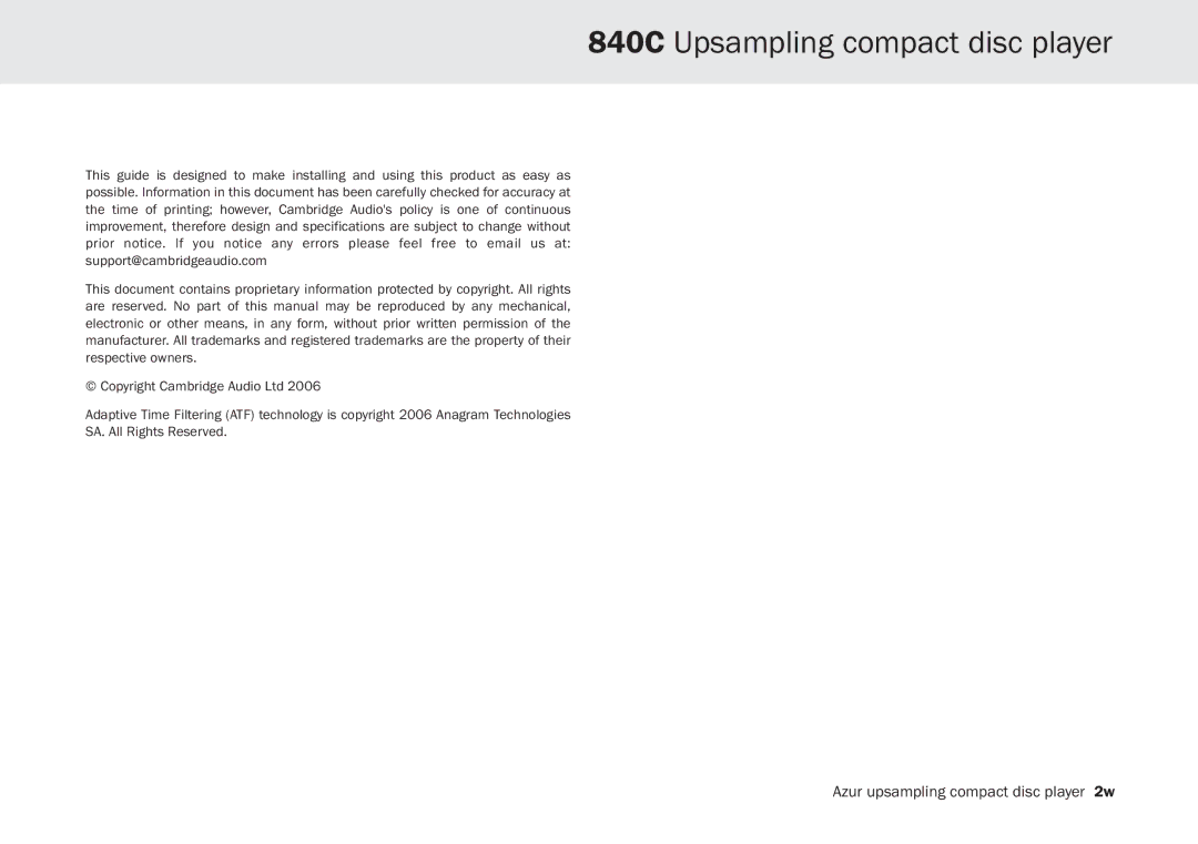 Cambridge Audio user manual 840C Upsampling compact disc player 